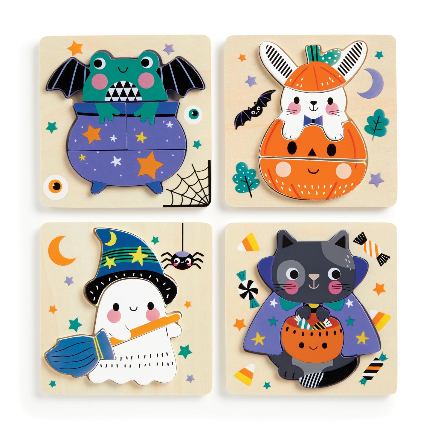 Mudpuppy Spooky Friends - Set of 4 Wooden 4 Piece Puzzles Featuring A Colorful Halloween Scene with Adorable Characters Perfect 