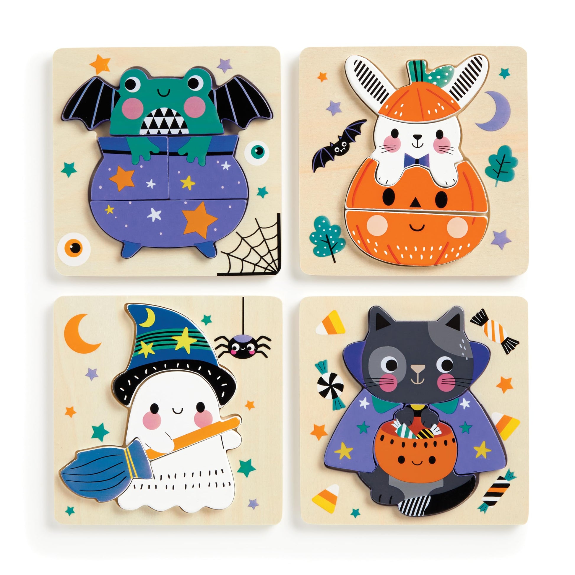 Mudpuppy Spooky Friends - Set of 4 Wooden 4 Piece Puzzles Featuring A Colorful Halloween Scene with Adorable Characters Perfect 