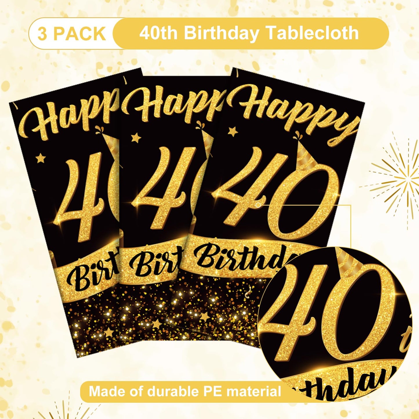 NatNarr 3 Pack 40th Birthday Tablecloth, Plastic Black Gold Table Cloths 40th Birthday Table Cover, Disposable Rectangle Table C