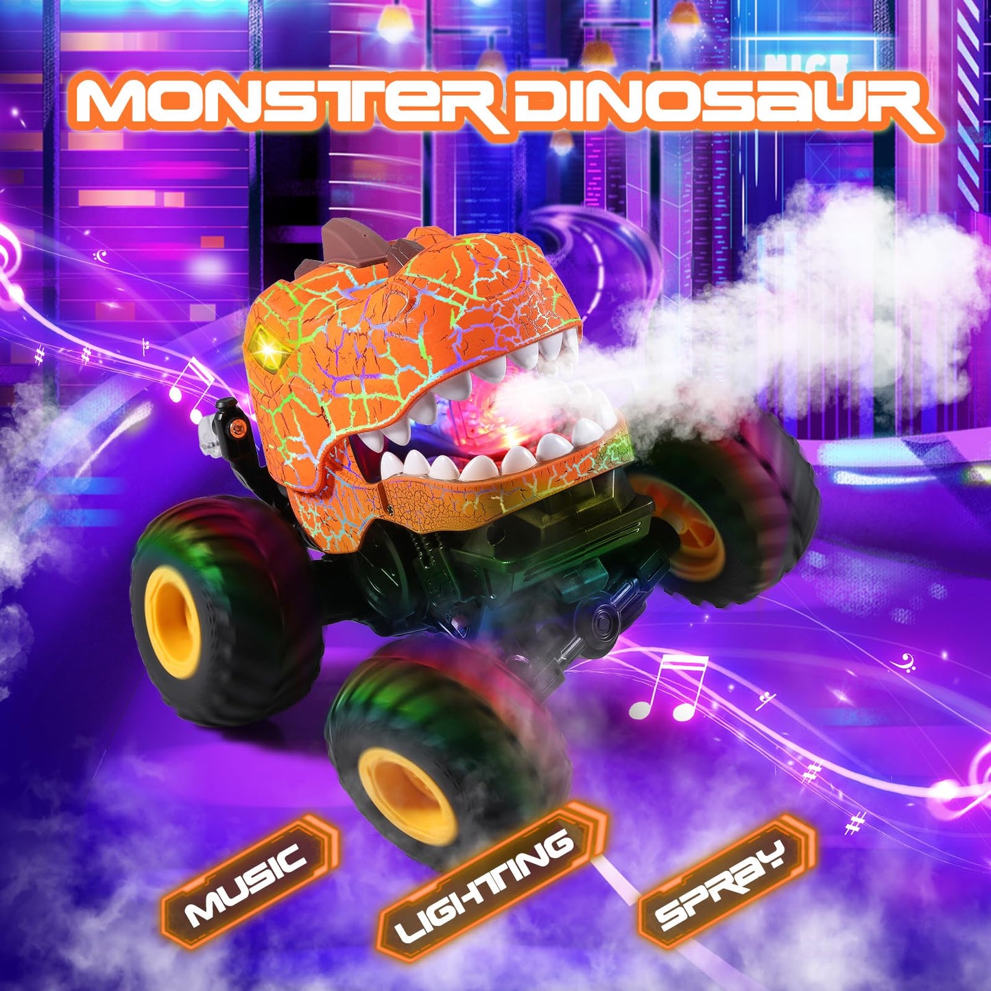 DYODYORC Remote Control Car, 2.4Ghz All Terrain Dinosaur Monster Truck Toys, RC Truck with Spay, Music, 3 Lighting Effects, Stun