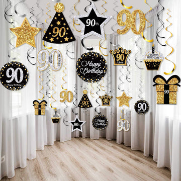 Frienda 30 Pieces 90th Birthday Party Decorations 90th Cards and Hanging Swirls Ceiling Decorations Shiny Celebration Hanging Sw