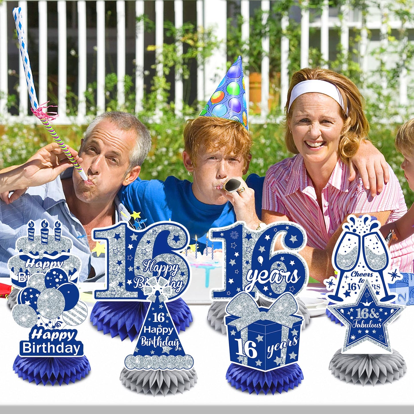8Pcs Blue 16Th Birthday Decorations Navy Blue Silver Happy 16Th Birthday Table Honeycomb Centerpieces For Table Decor 16Th Birthday Table Topper For Boys Girls 16Th Birthday Anniversary Party Supplies