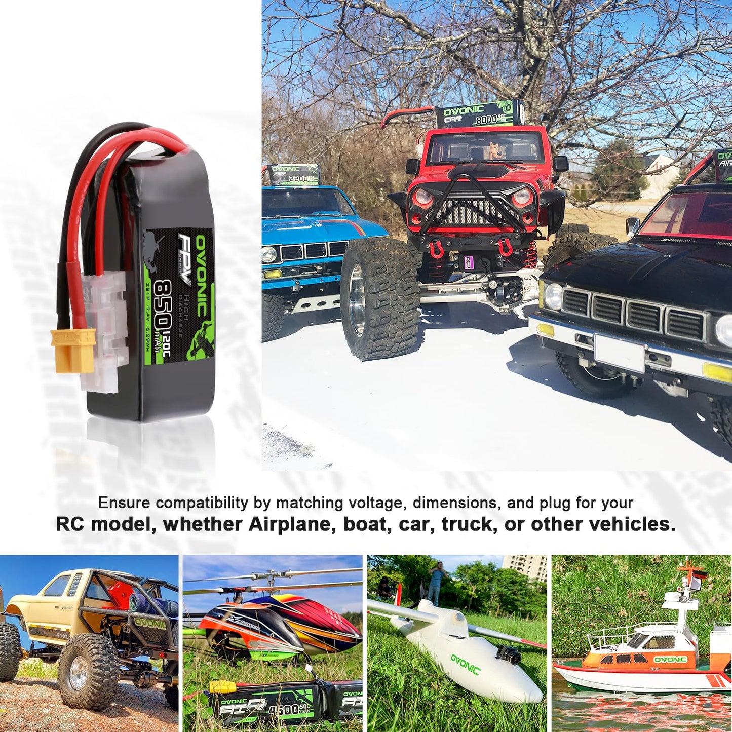 OVONIC 2S 850mAh Lipo Battery 7.4V 120C Battery with XT30 Plug for RC Car Truck RC Vehicles Boat Drone RC Airplane Quadcopter He