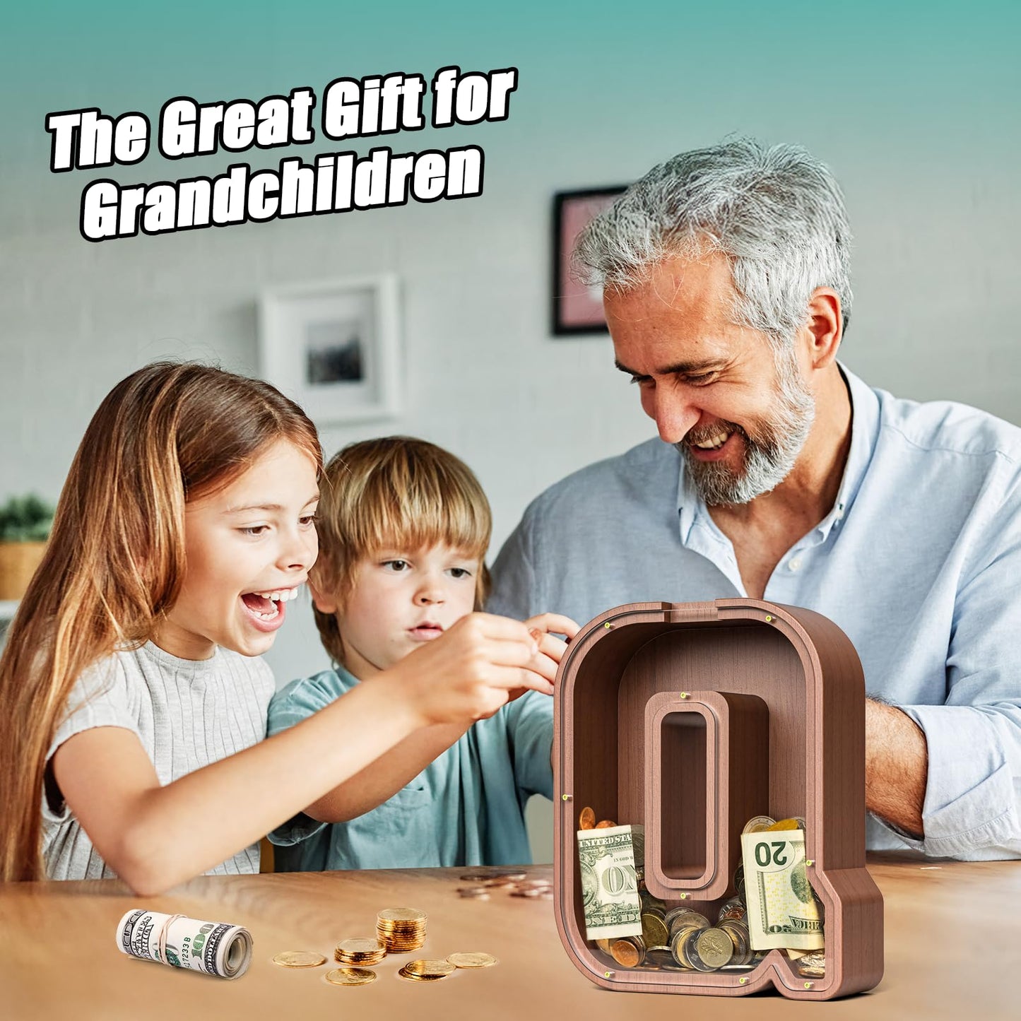 Summidate Wooden Letter Piggy Bank  Extra Thick Large Capacity Piggy Bank for Kids Boys Girls Toddler  Alphabet Q Money Bank| Coin Box Birthday  Christmas  Festival