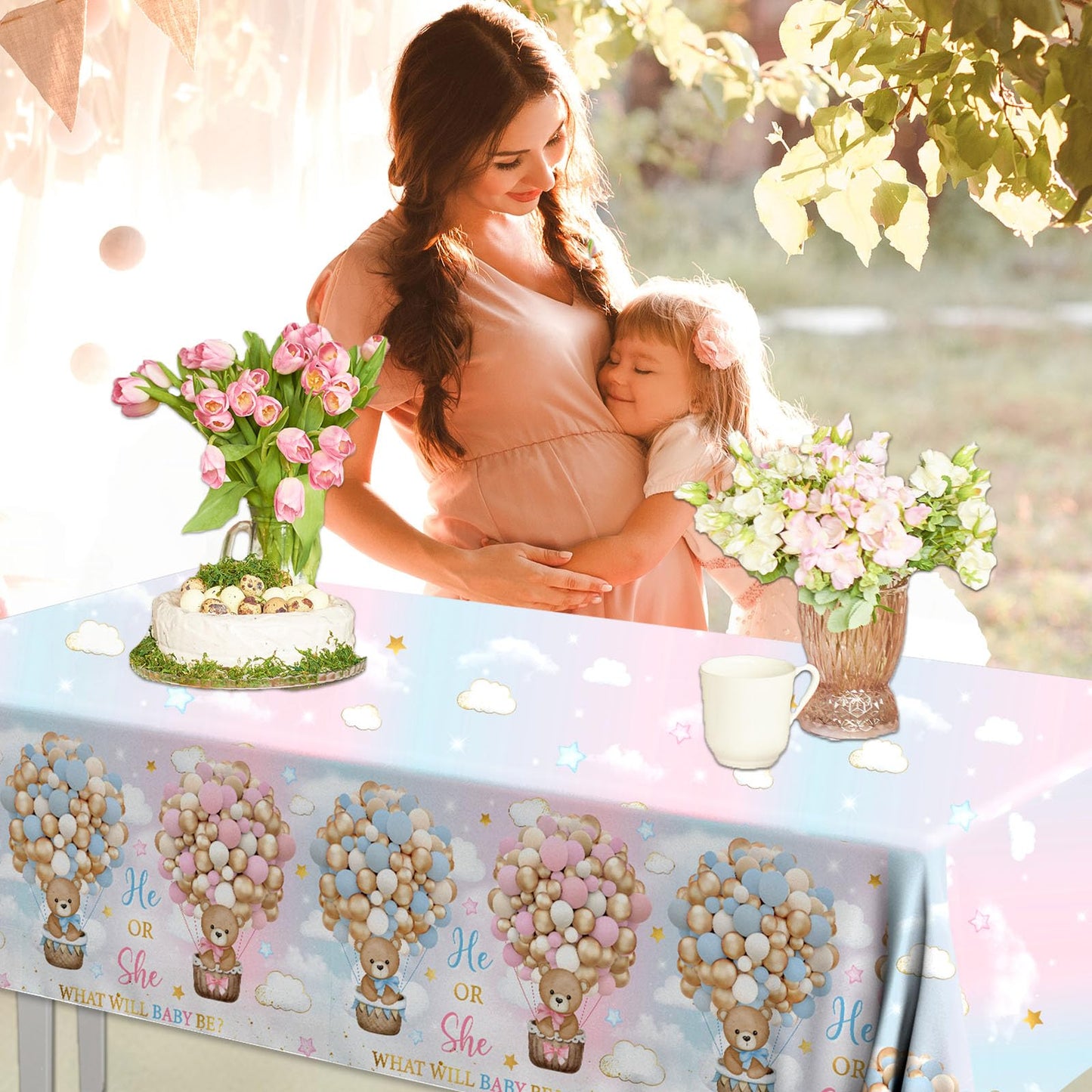 Dydamud Bear Baby Shower Tablecloths Decorations,Teddy Bear Gender Reveal Decorations 3Pcs Pink Blue What Will Baby Be Bear Them