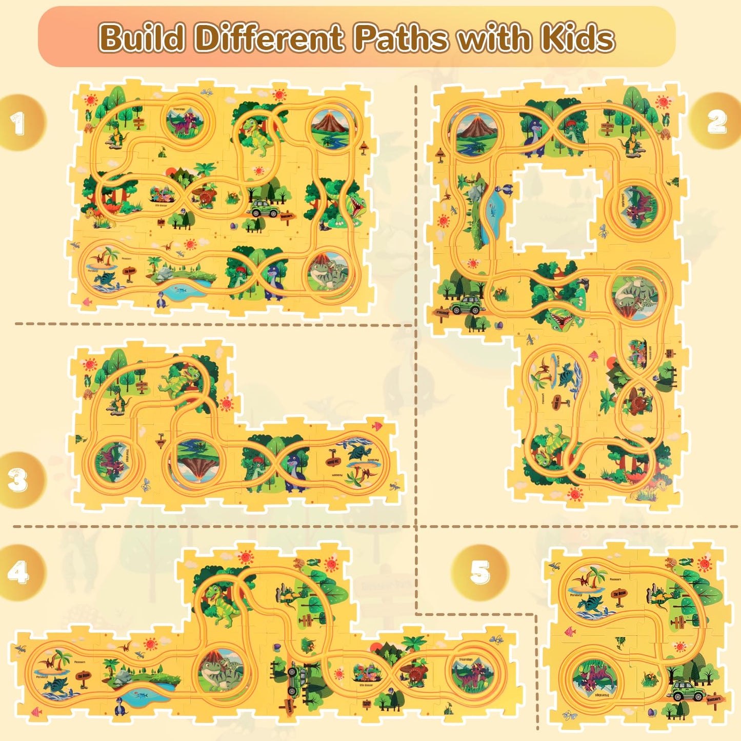 Xazastov Plastic Floor Puzzles For Kids Ages 3-5, Puzzle Track Car Play Set, Educational Montessori Toys For 3 4 5 6 Year Old Bo