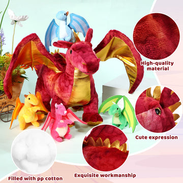 Lenwen 5 Pcs Plush Dragon Stuffed Animals 16 Inch Large Mommy Dragon Plush With 4 Babies In Zippered Belly Dragon Plush Toys For Easter Graduation Gifts Birthday Party Decor Classroom Award