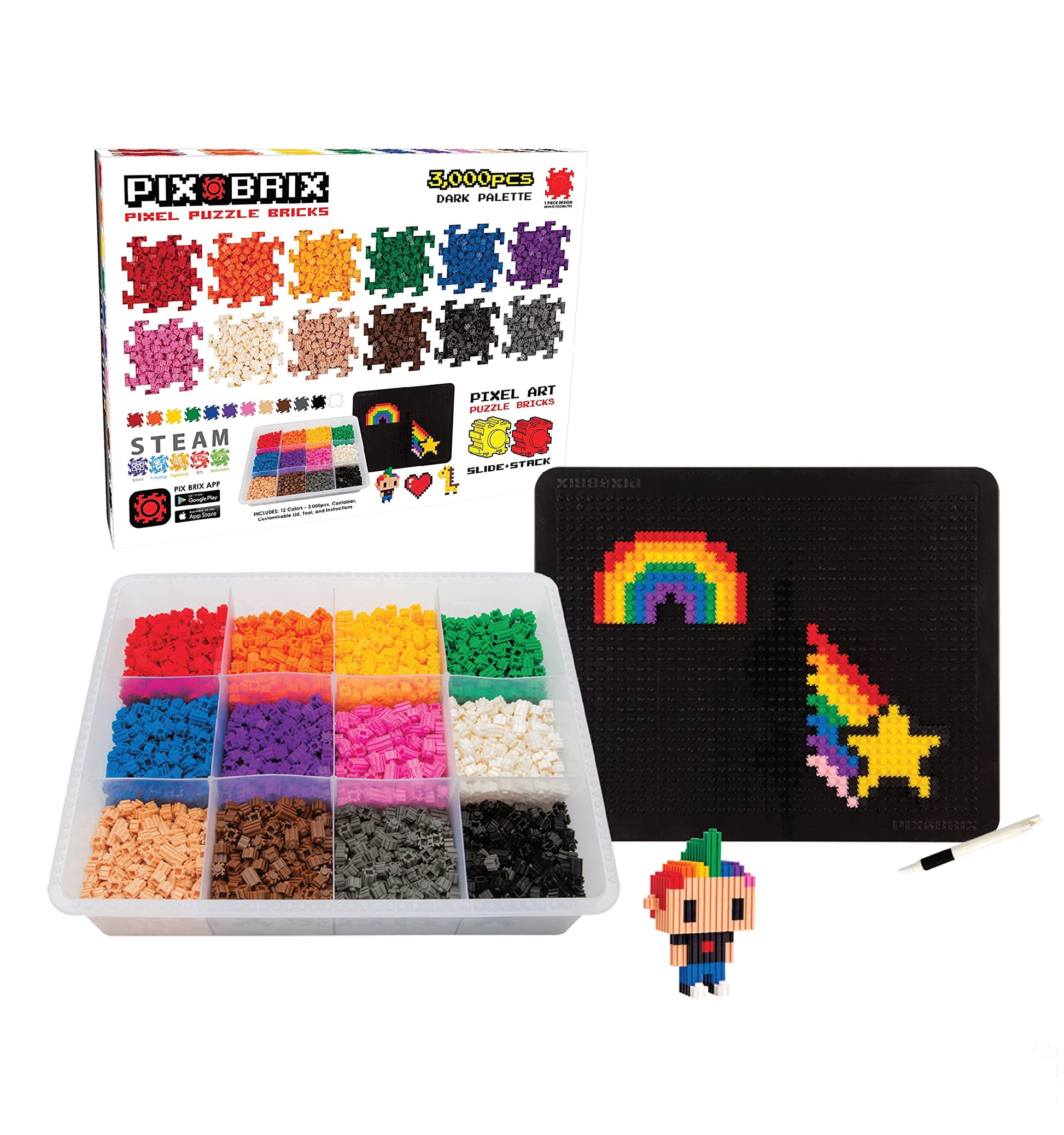 Pix Brix Pixel Art Puzzle Bricks - 3 000 Piece Pixel Art Container  12 Color Dark Palette - Interlocking Building Bricks  Create 2D and 3D Builds Without Water or Glue - Stem Toys  Ages 6 Plus