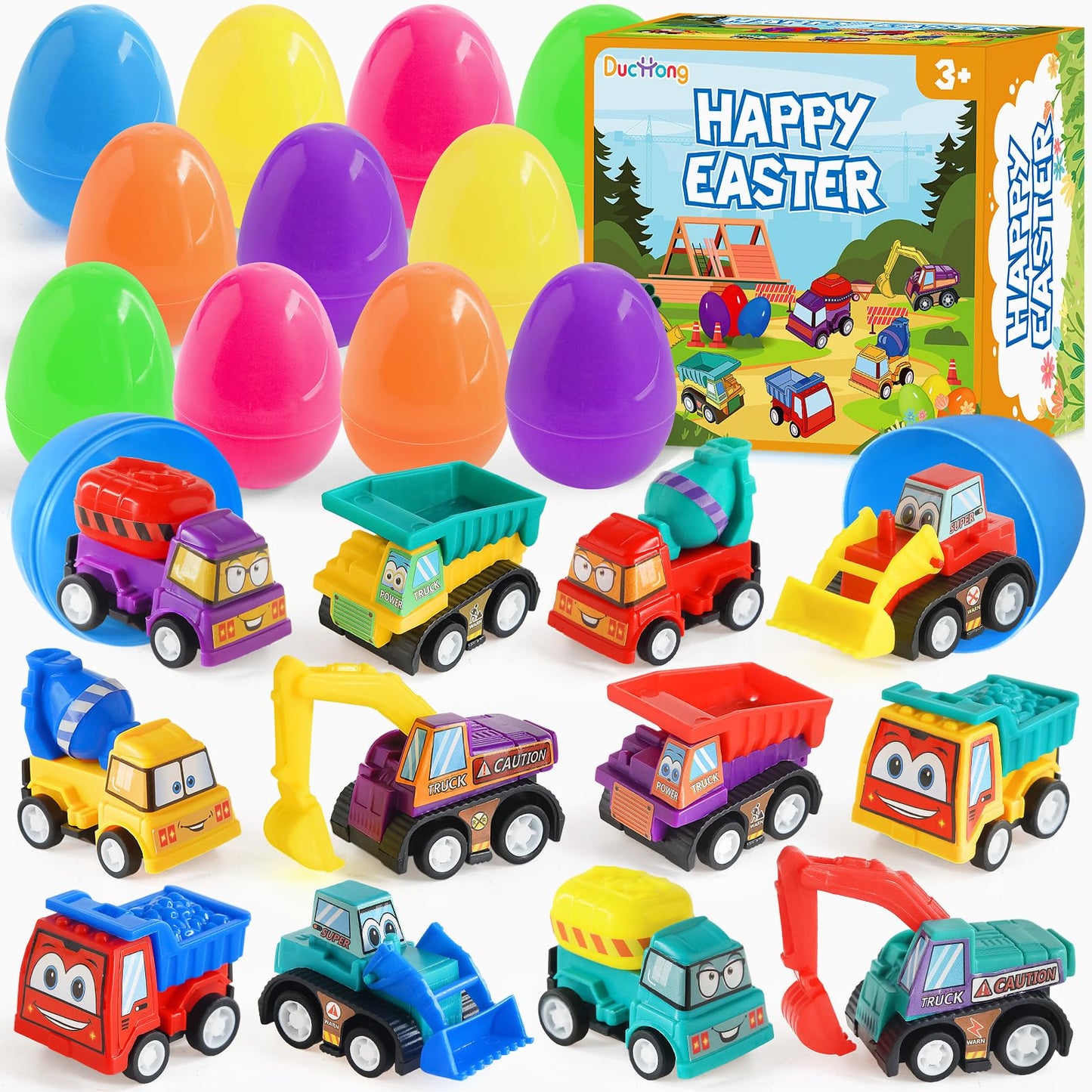 Duchong Prefilled Easter Eggs with Cars Toys for Easter Eggs Hunt,12 Packs 2.8 Plastic Eggs with Pull-Back Construction Vehicles