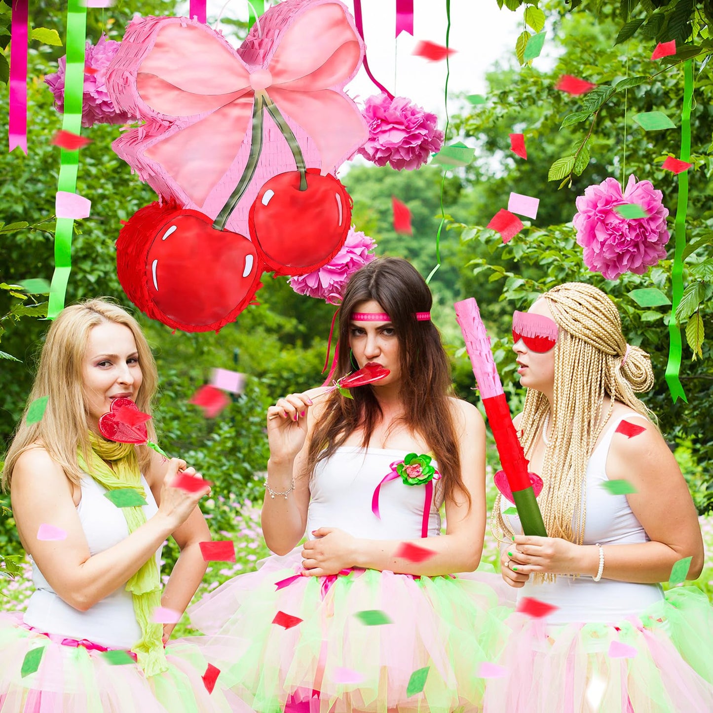 Feifeiya Coquette Pink Bow Cherry Piñata Bundle with Blindfold, Bat & Confetti - Perfect for Girls Birthday Party Supplies