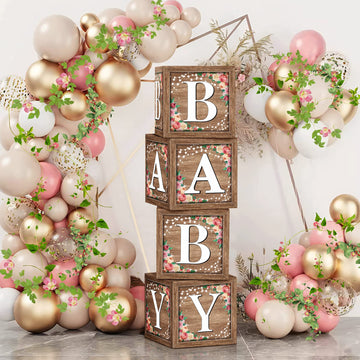 Floral Baby Shower Box Birthday Party Decoration Balloon Blocks First Birthday Centerpiece Decor For Girls Wood Grain Base Gende