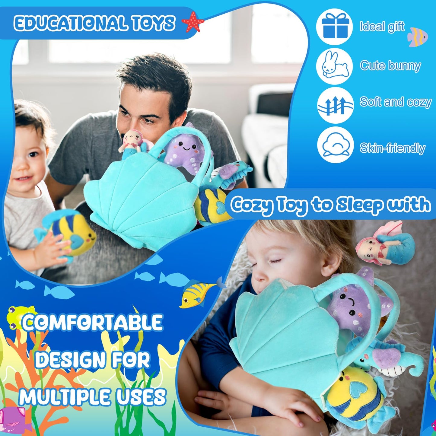 Syhood 5 Pieces Ocean Stuffed Animals Plush Set Include 1 Shell Carrying Bag Toy Set With Small Mermaid Seahorse Starfish Fish Sensory Toy For Boys And Girls Huggable Sleeping Holiday Birthday Gifts