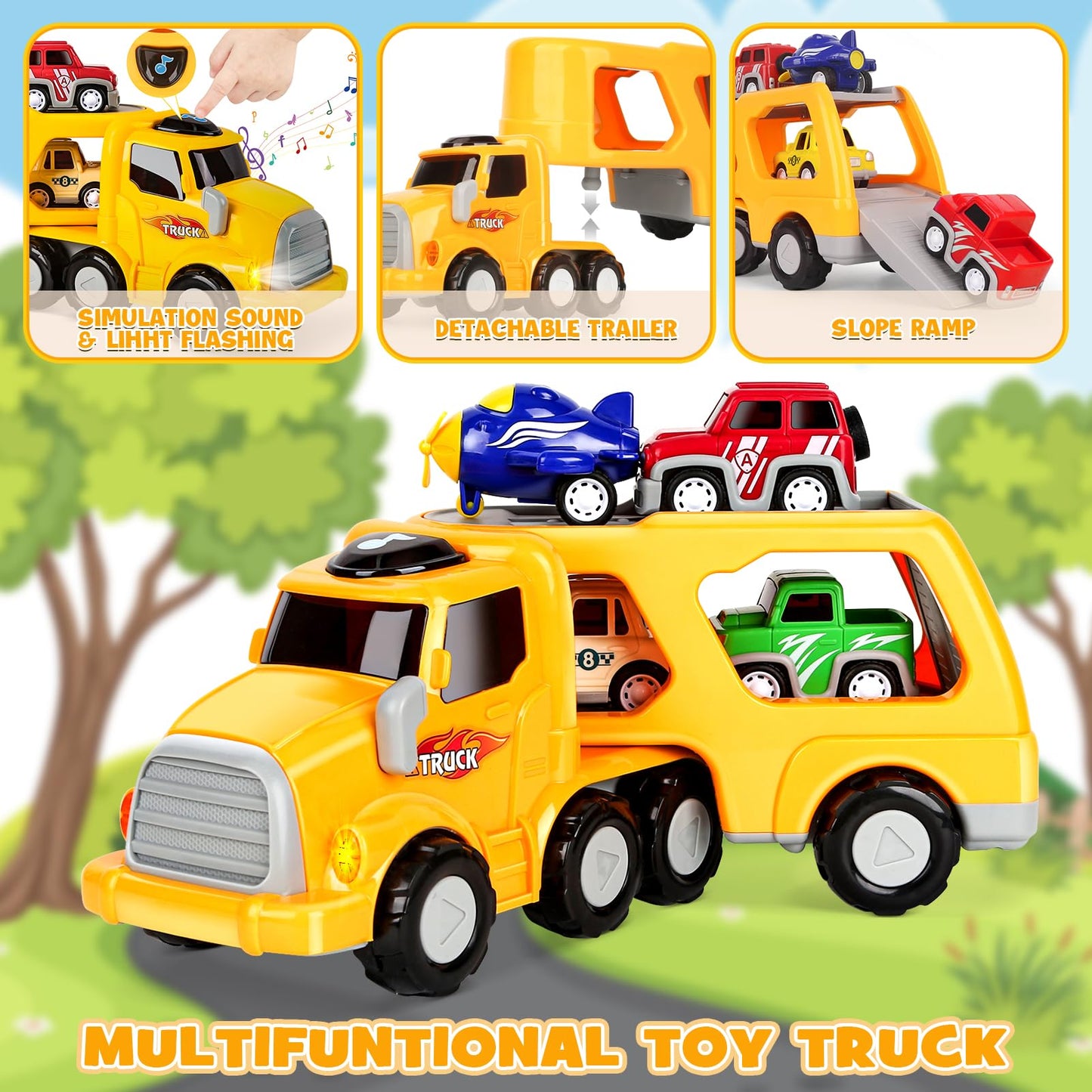 Dreamon 5-in-1 Transport Vehicles Toys for Ages 2-4 with Light & Sound, Ideal Construction Car Toy Christmas Birthday Gifts for