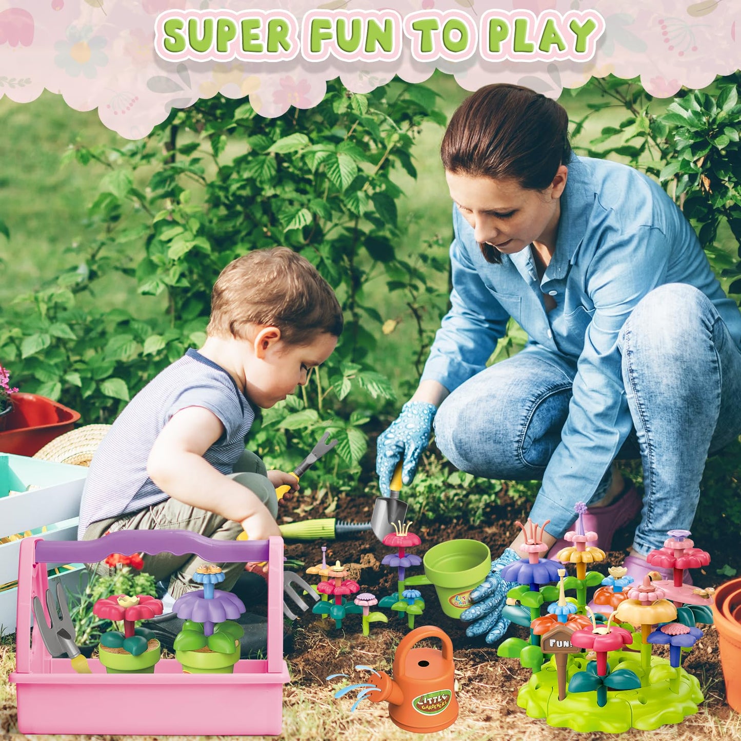 deAO Kids Gardening Set 14Pcs Gardening Tools Set with Storage Box& Apron - DIY Flower Garden Building Toys Set for Boys Girls O