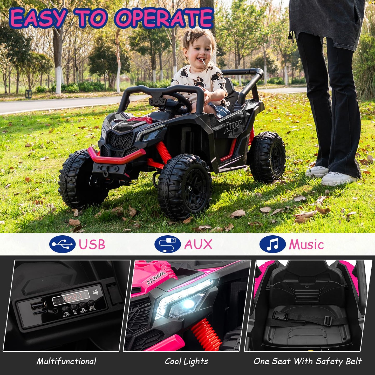 Run Fast 12v Ride on Car with Parent Remote Control Electric Ride on Toys Car for Kids 3-5 2WD 25W Motors 4 Spring Suspension Safety Belt Horn Music and LED Lights(Black  12V)