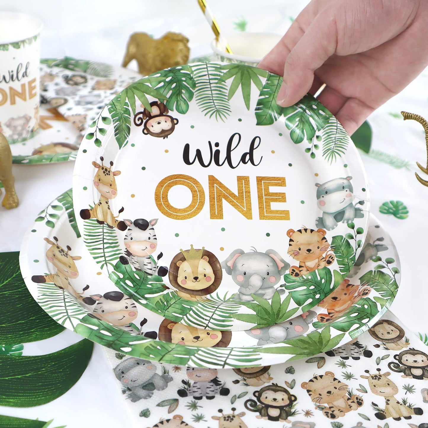 Heboland Wild One Birthday Decorations Plates Set for 25 Guests, Safari Jungle Theme Plates and Cups and Napkins Straws Sets Boy
