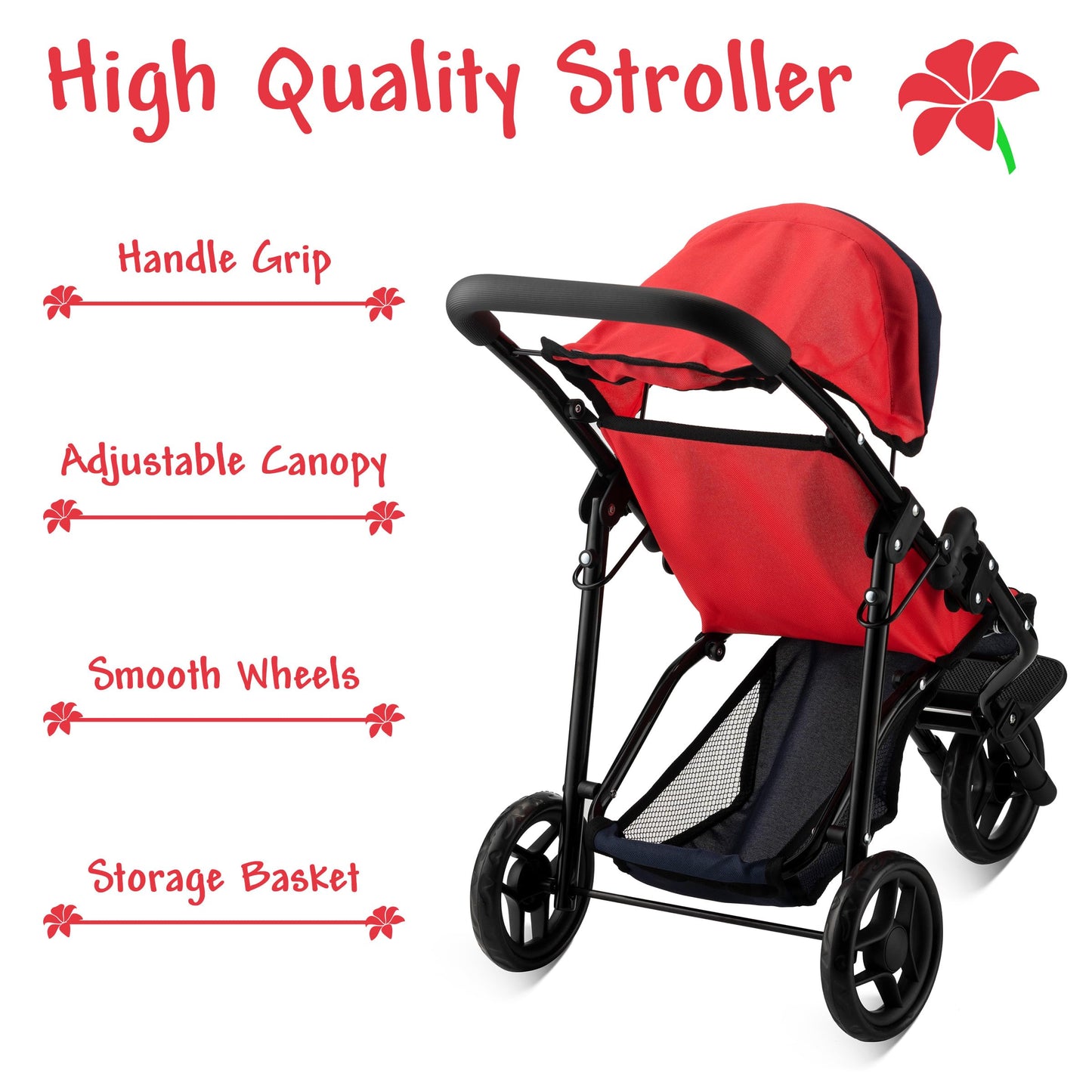 Baby Doll Stroller For Dolls - Jogger Toy Doll Stroller For Toddlers 3 Years And Up, Adjustable Canopy & Storage Basket, Red Design For Kids