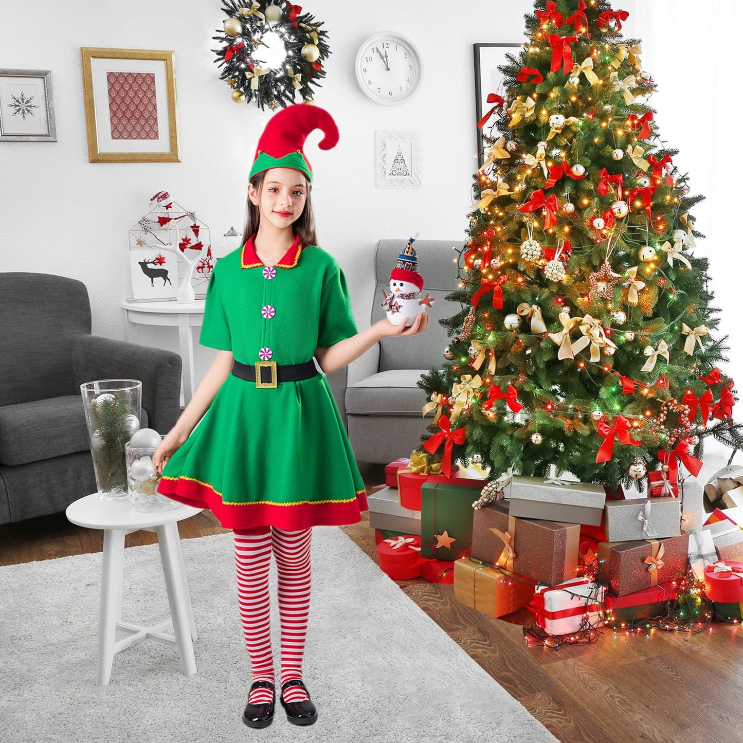 Muimray Christmas Elf Costume For Toddler Baby Boys Girls Santa Costume 4Pcs Set Cosplay Outfit Xmas Clothes Favors Gift (Girl,