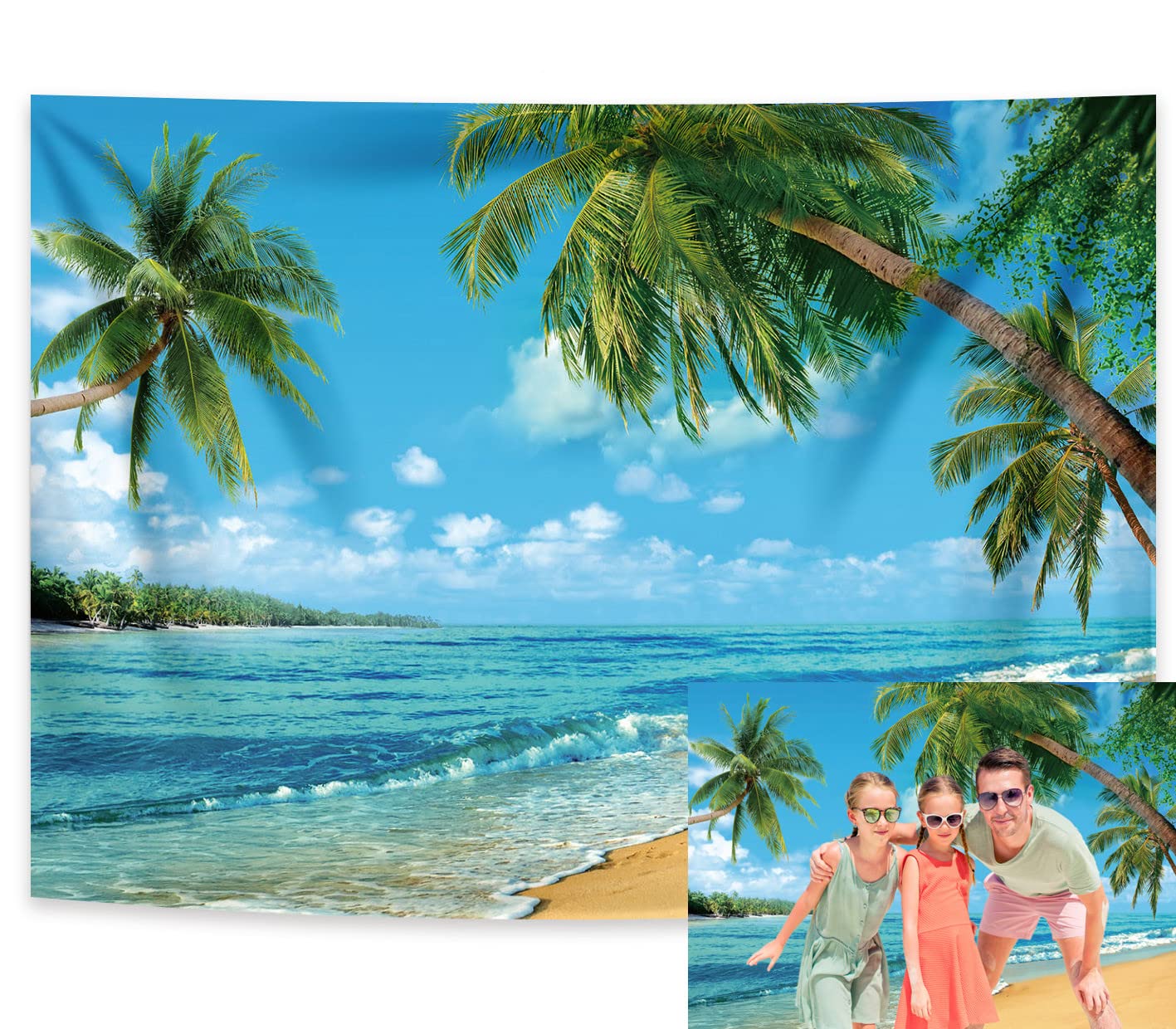 Ruini Polyester Tropical Beach Backdrop Summer Palm Trees Photography Backdrop Blue Sea Sky Sunshine Luau Themed Party Decoratio