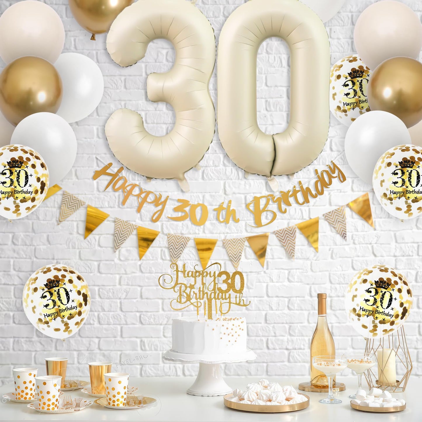 30Th Birthday Decorations Sand White Gold,30Th Birthday Balloons Beige Gold,Happy 30Th Birthday Banner With Cake Toppers Number