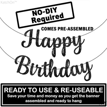 Katchon, Cursive Glitter Black Happy Birthday Banner - Pre-Strung, 10 Feet, No Diy | Black Birthday Party Decorations | Black Happy Birthday Sign Girls, Black Happy Birthday Decorations For Women