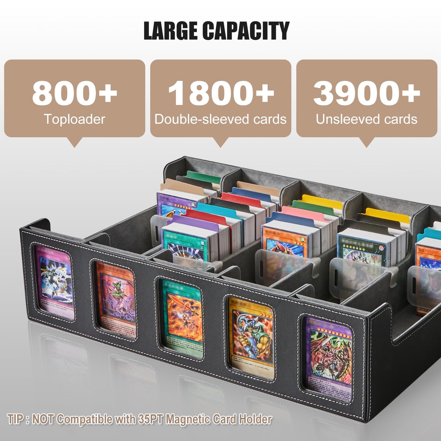 5-Row Trading Card Storage Box  Protable 3900+ MTG Deck Box with Removable Lid  Leather Magnetic Closure Commander Deck Box with 5 Toploaders  5 Stoppers  48 Dividers 1 Dice Tray (Black & Grey)
