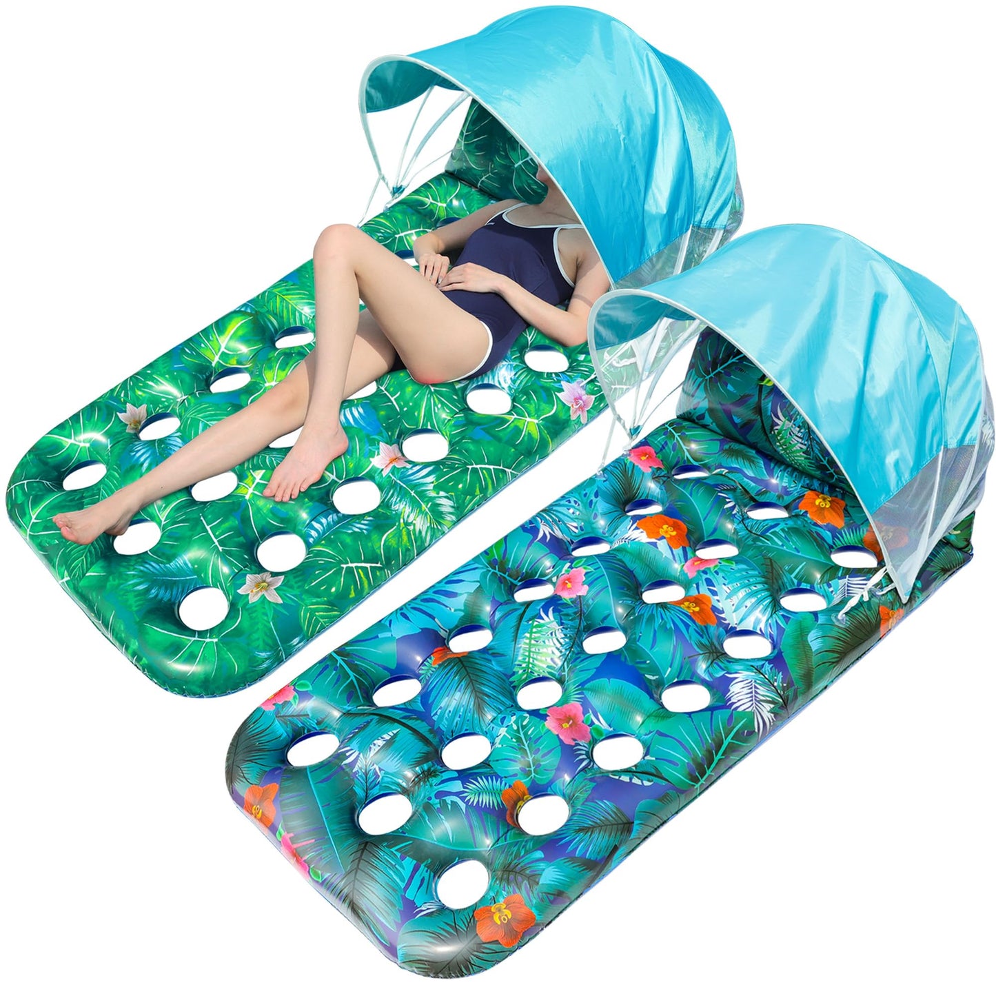 FindUWill Pool Floats mature-themed with Canopy - 2 Pack Large Pool Float Loungers with Headrest  Shade  Pool Float Raft for Sunbathing Pool Floaties for Vacation