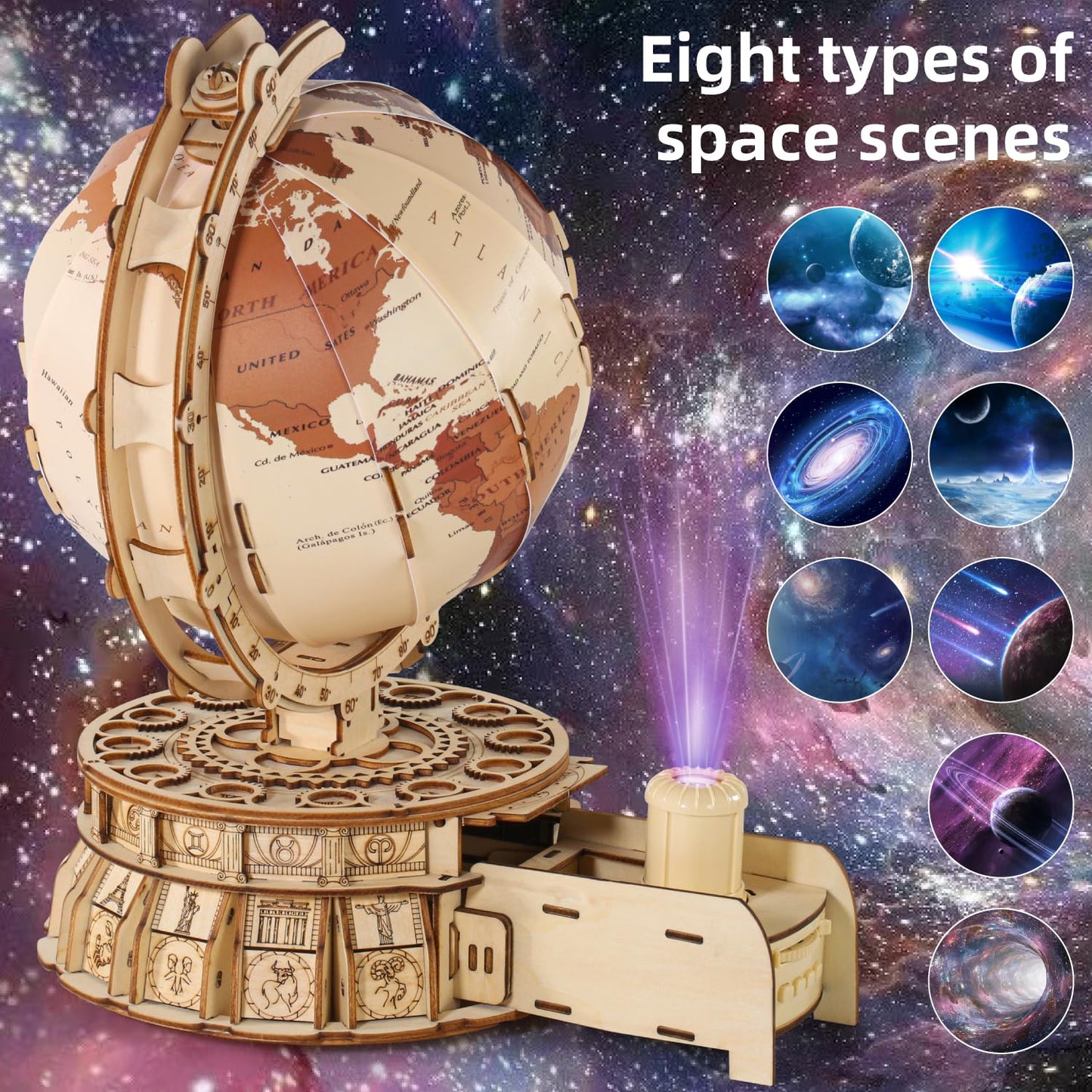 Miebely 3D Wooden Puzzles For Adults Usb Charging Illuminated Globe Music Box Diy Led Wood Model Building Kits With Space Projec