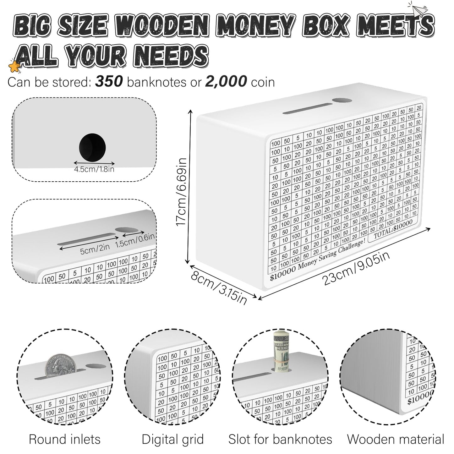Wooden Money Saving Box, Cash Savings Box For $10000 $5000 $3000 Target Money Saving Challenge, Reusable Money Box With Counter,