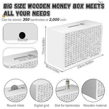 Wooden Money Saving Box, Cash Savings Box For $10000 $5000 $3000 Target Money Saving Challenge, Reusable Money Box With Counter,