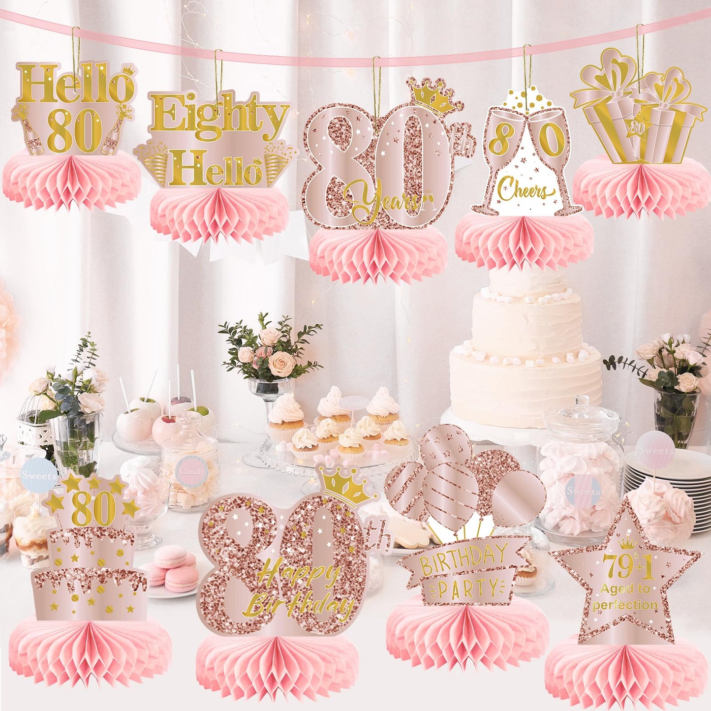 9Pcs 80Th Birthday Decorations Pink Rose Gold Honeycomb Centerpieces For Women,Happy 80Th Birthday Table Centerpieces Party Supp