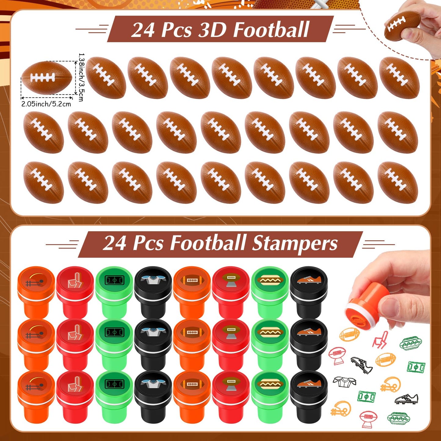 Aoriher 120 Pcs Football Sport Balls Party Favors Set Serve 24, Football Goodie Foam Finger Mini Stress Ball Slap Bracelet Charm
