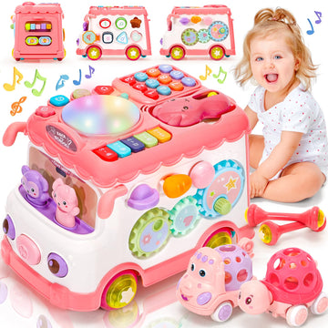 AmiDear Baby Gift for 1-2 Year Old Girl, 10-in-1 Montessori Toys Bus for Baby 6-12-18 Months+, Educational Musical Sensory Learn