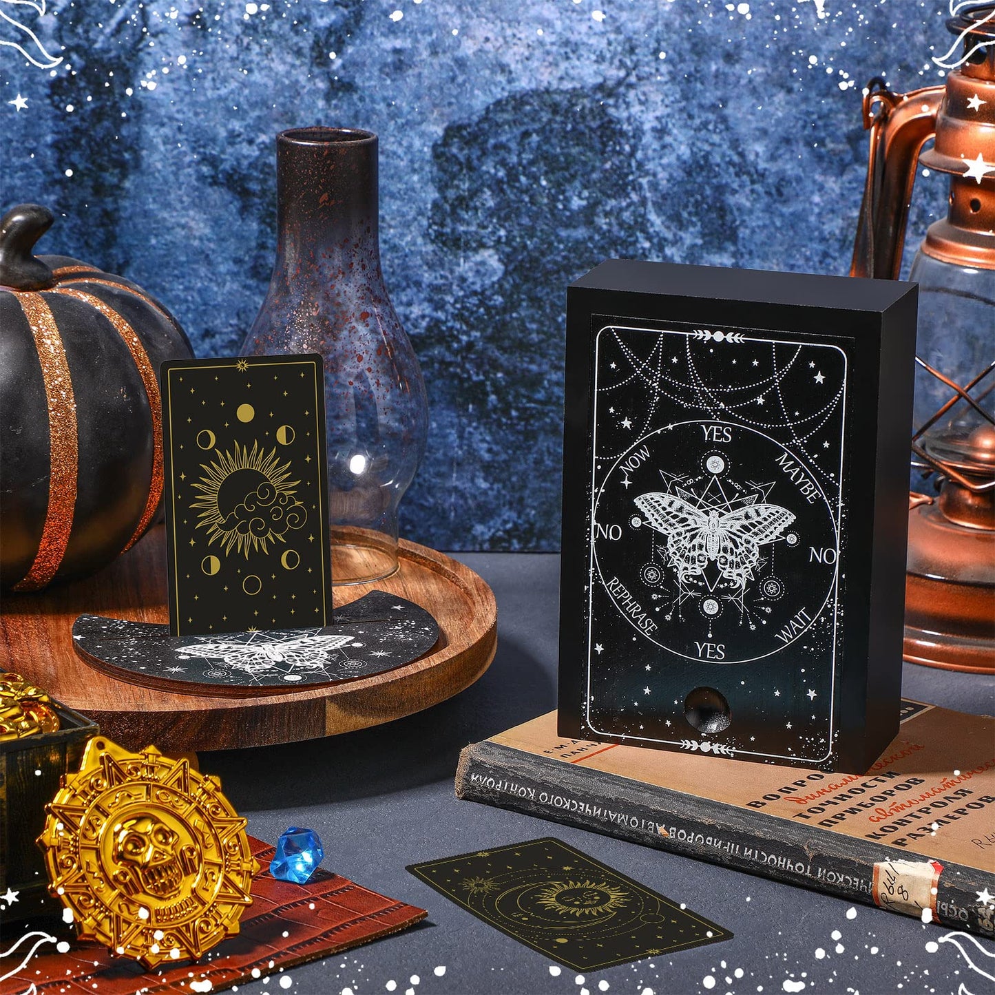 Wooden Tarot Card Case And Wooden Tarot Card Stand Holder, Tarot Cards Box Fortune Telling Trinket Keepsake Box With Pendulum Board Moon Shape Tarot Card Altar Display Stand For Witch (Stylish Style)