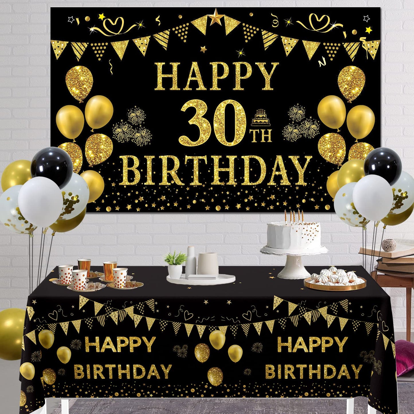 Trgowaul 30th Birthday Decorations - Black Gold Banner, Tablecloth, 60 Latex Confetti Balloons, Perfect Party Supplies for Him & Her