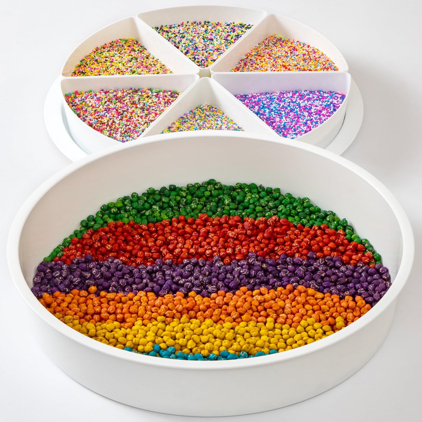 Odoorgames Large Round Sensory Bin with Lid, White Plastic, Includes 6 Removable Storage Dividers, Ideal for Toddler Play and Education