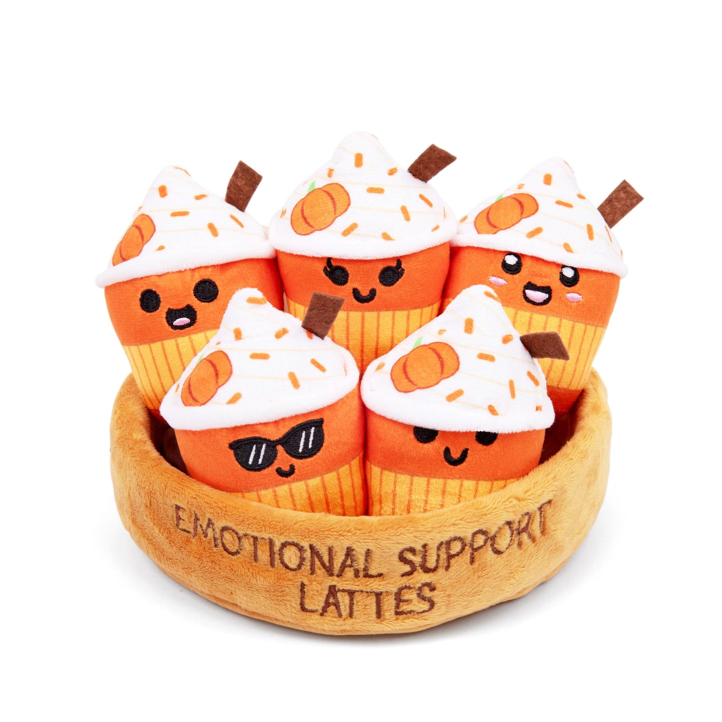 WHAT DO YOU MEME? Emotional Support Lattes Plushies Set - 5 Fall Stuffed Animals in Brown Carrying Basket, Perfect Gift for Coffee Lovers