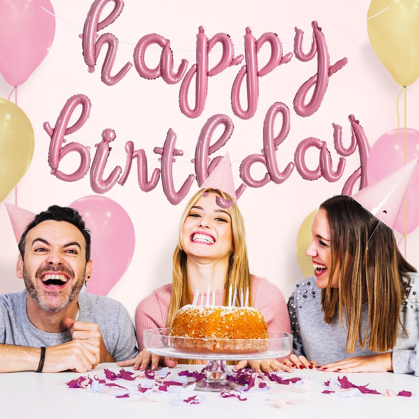 Toniful Light Pink Happy Birthday Balloons Banner,Cursive Happy Birthday Balloons Light Pink Birthday Decorations Light Pink Myl
