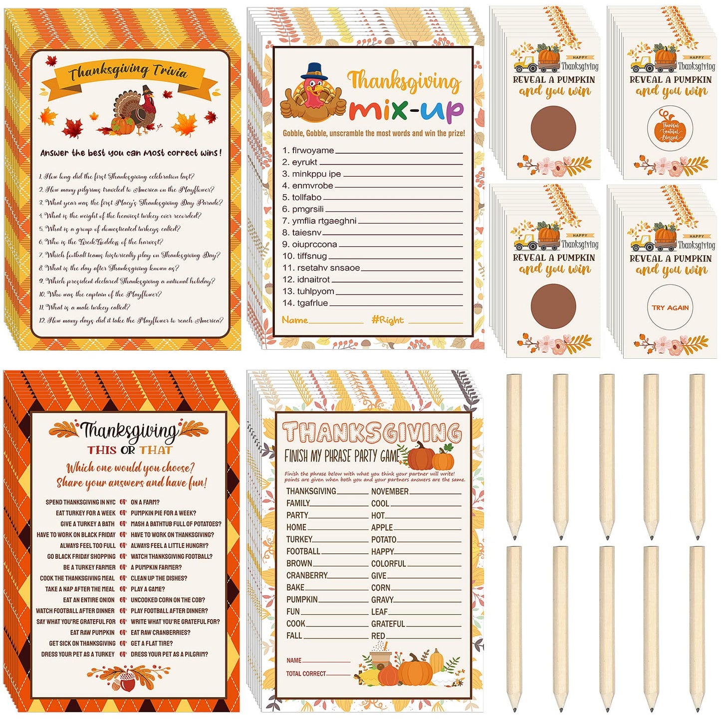 135 Pieces Thanksgiving Party Games Sets, 125 Funny Happy Holiday Party Games Paper Cards with 10 Editable Pencils Gifts for Tha