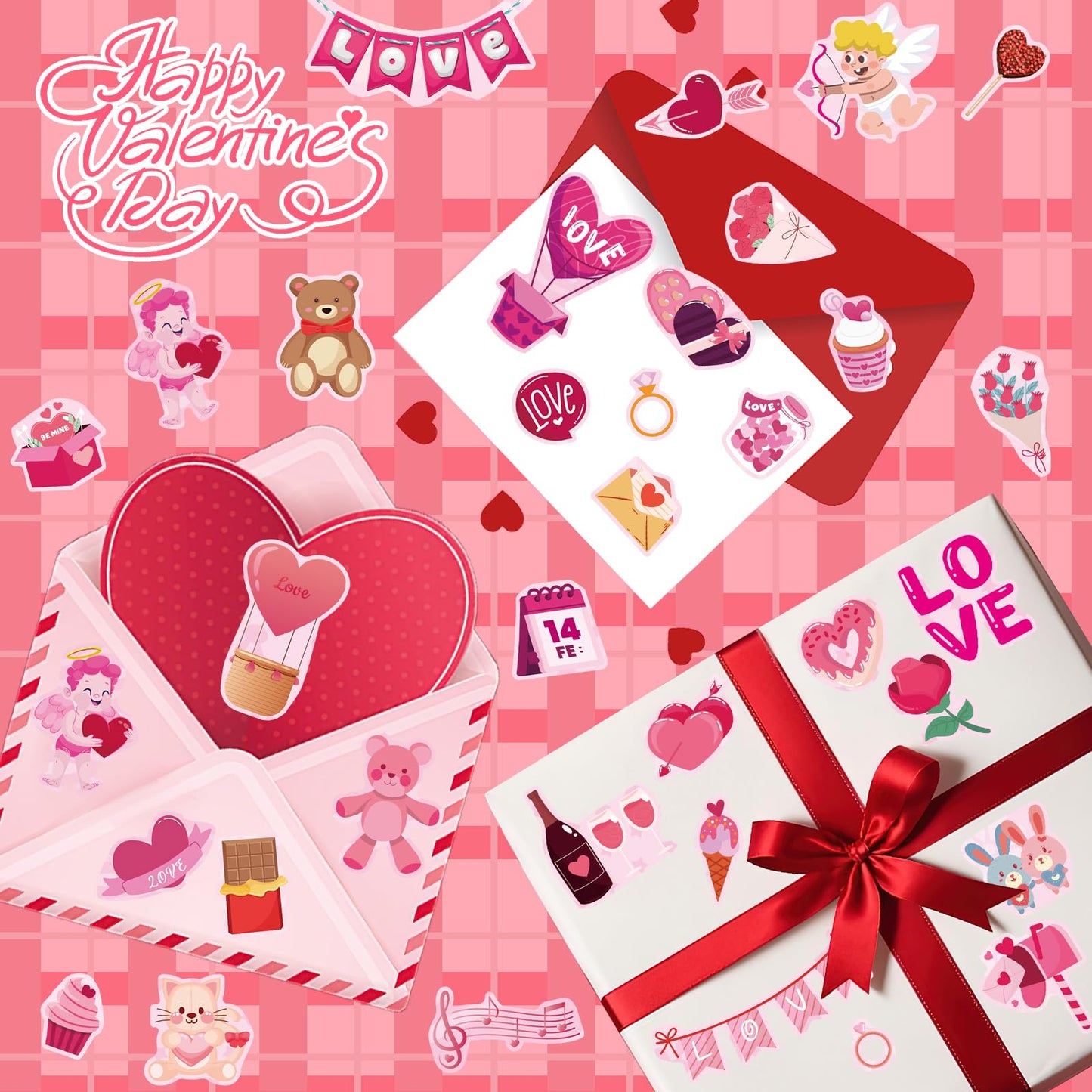 UPINS 48 Sheets Valentine Heart Stickers, Colorful Heart Stickers Kids Valentine Stickers for Labels Scrapbook Love Wedding Part