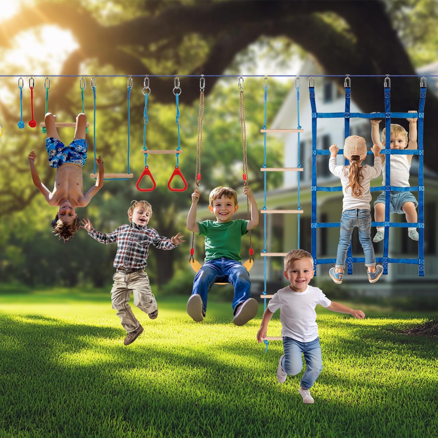 Dollate Ninja Warrior Obstacle Course For Kids - 65Ft, Outdoor Obstacle Course 14 Accessories, Swings, Monkey Bars, Arm Trainers