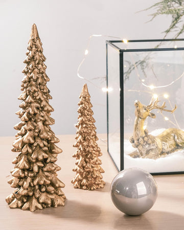 Rm Roomers Resin Christmas Tree Figurines Clearance,2Pcs Small Gold Christmas Decorative Figurine Set, Indoor Tabletop Christmas