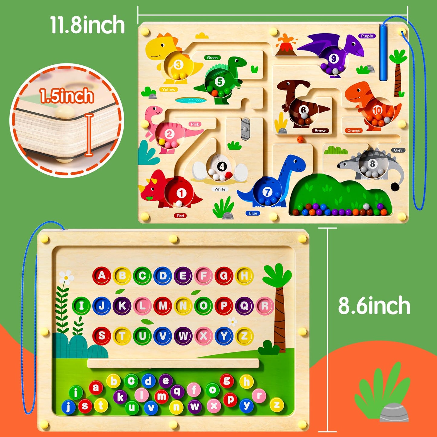 Ppotyo 2 In 1 Magnetic Color And Number Maze Double-Sided Abc Alphabet Board Magenet Dinosaur Maze Preschool Montessori Educatio