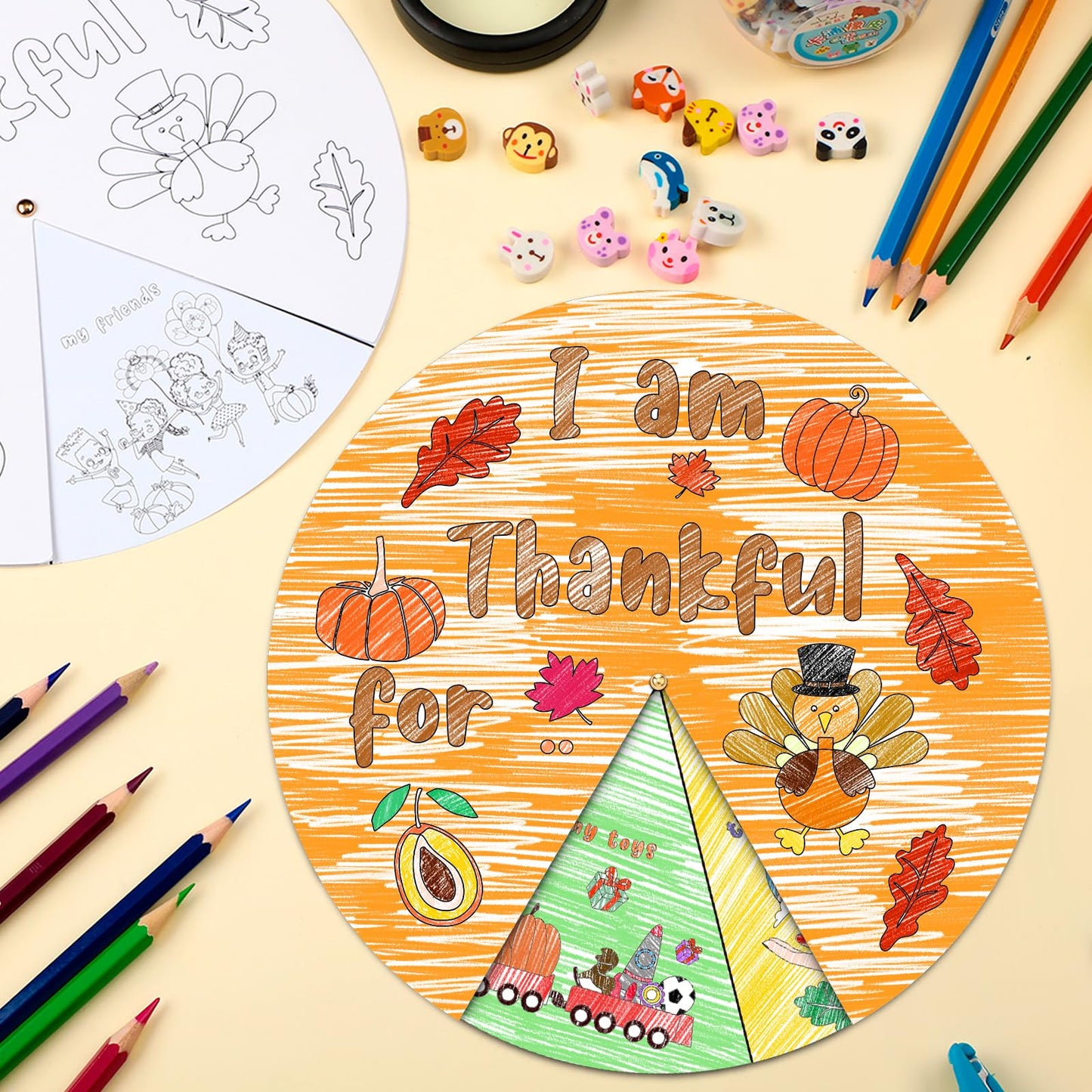 Jinei 12 Sets DIY Thanksgiving Craft Kit for Kids Color Your Own I Am Thankful for Wheel Craft Kit Thanksgiving Sunday School Pa