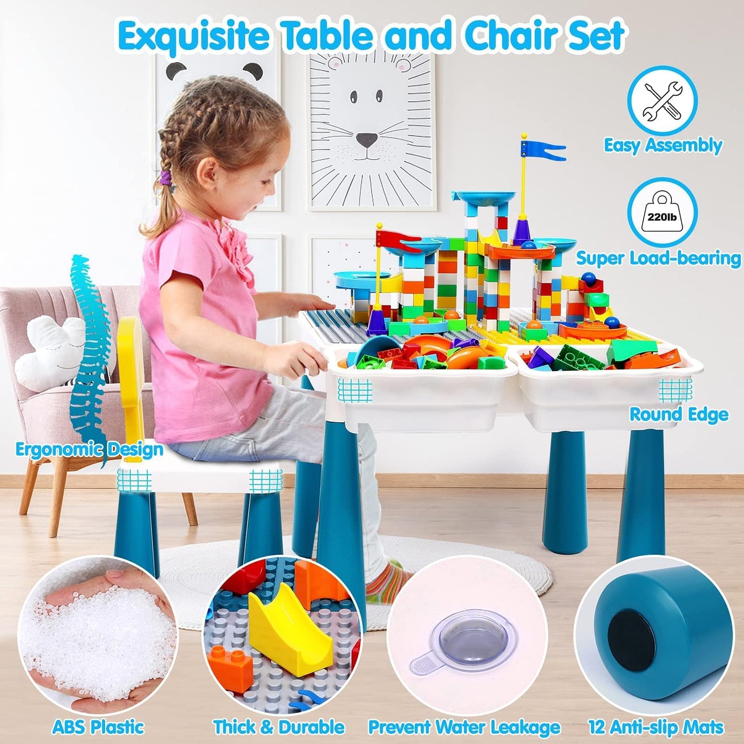 OCATO Kids Activity Table Set with 152Pcs Marble Run Blocks, Multicolor, Size 230, Model 1081, STEM Toys for Ages 3-6