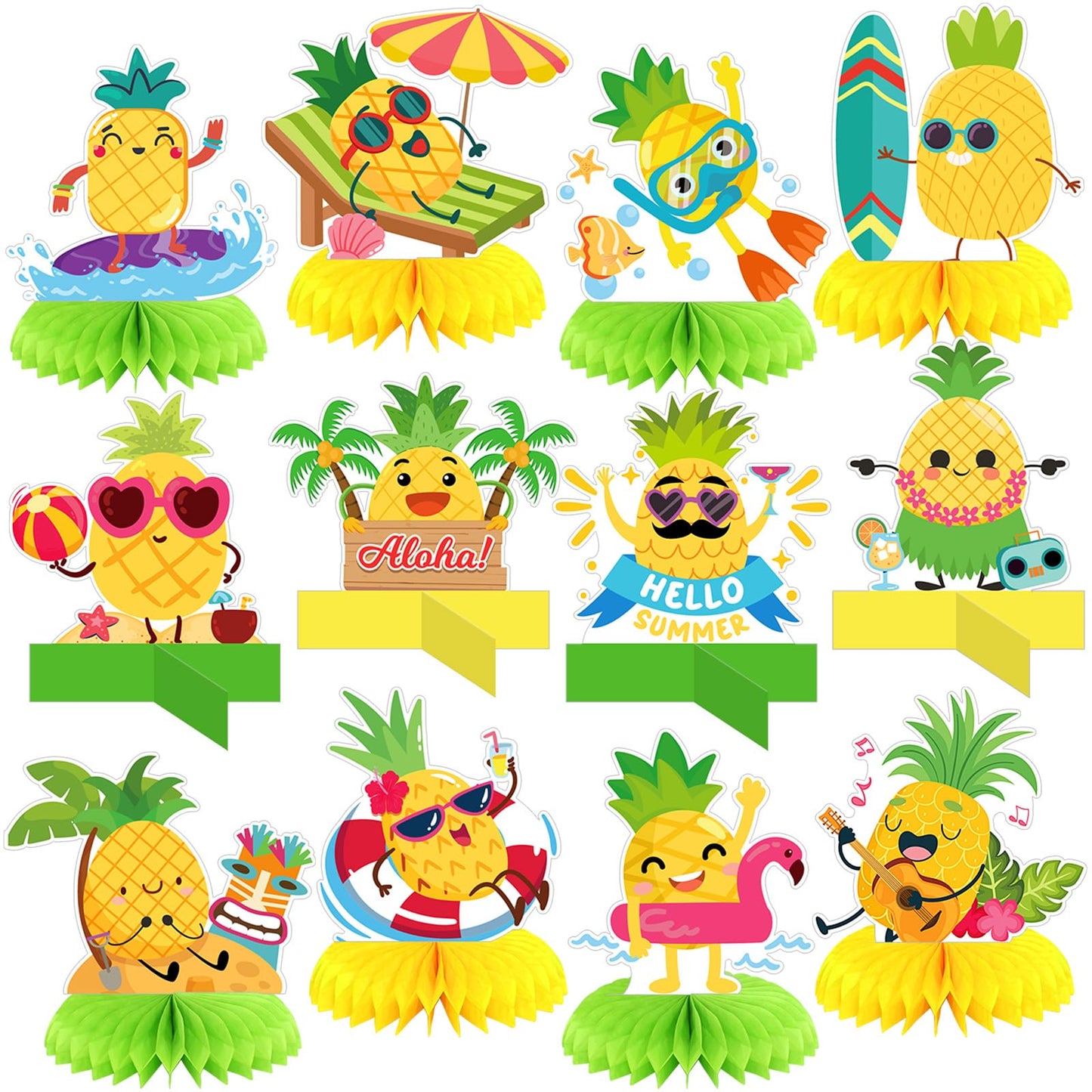 Weekgrat 12 Pcs Pineapple Honeycomb Centerpieces Decorations Tropical Fruit Table Sign Summer Aloha Luau Beach Hawaii Pineapple 