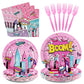 Grencian 96 Pcs Pink Spider Party Supplies Super Girl Hero Paper Plates and Napkins Disposable Spider Pink Ghost Decorations Tab