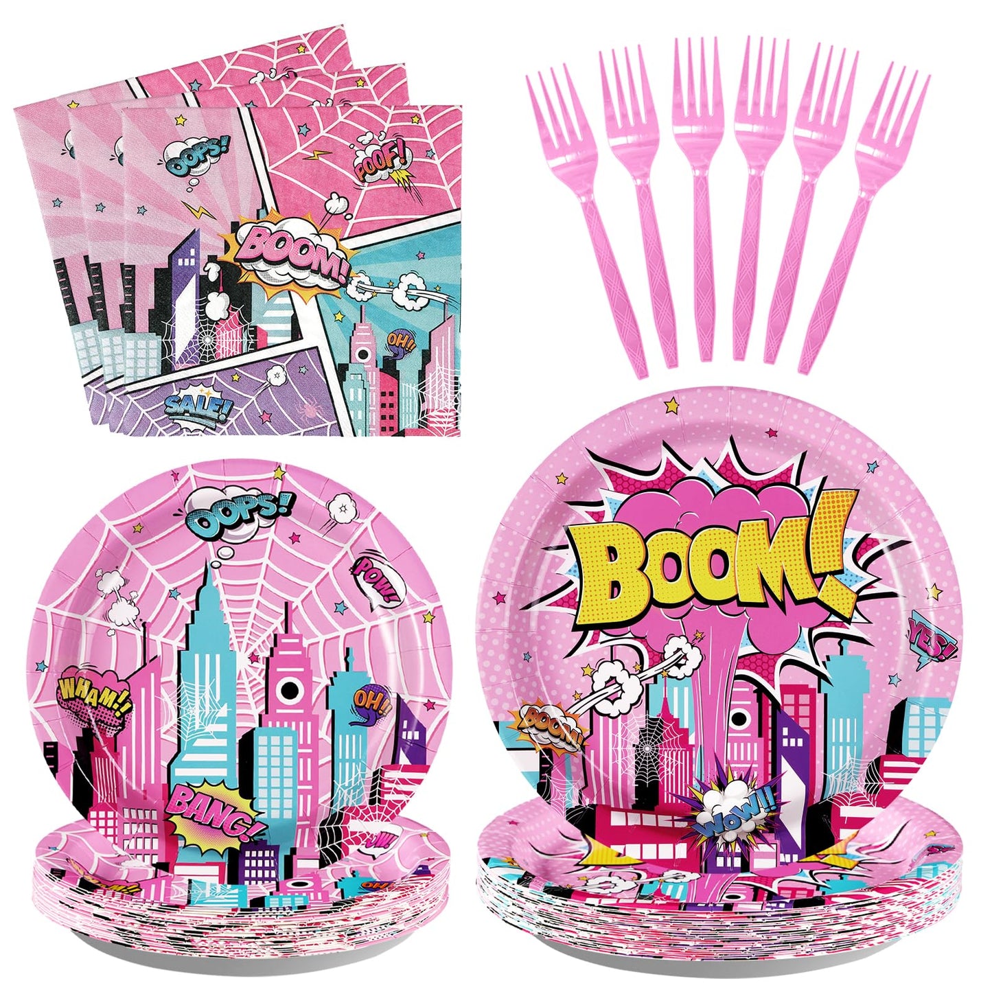 Grencian 96 Pcs Pink Spider Party Supplies Super Girl Hero Paper Plates and Napkins Disposable Spider Pink Ghost Decorations Tab