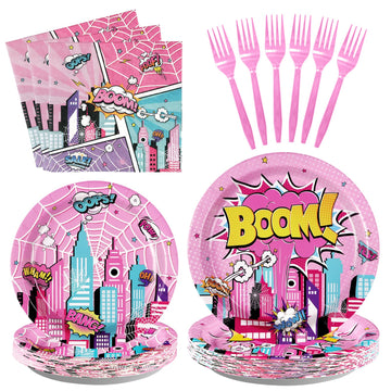 Grencian 96 Pcs Pink Spider Party Supplies Super Girl Hero Paper Plates and Napkins Disposable Spider Pink Ghost Decorations Tab