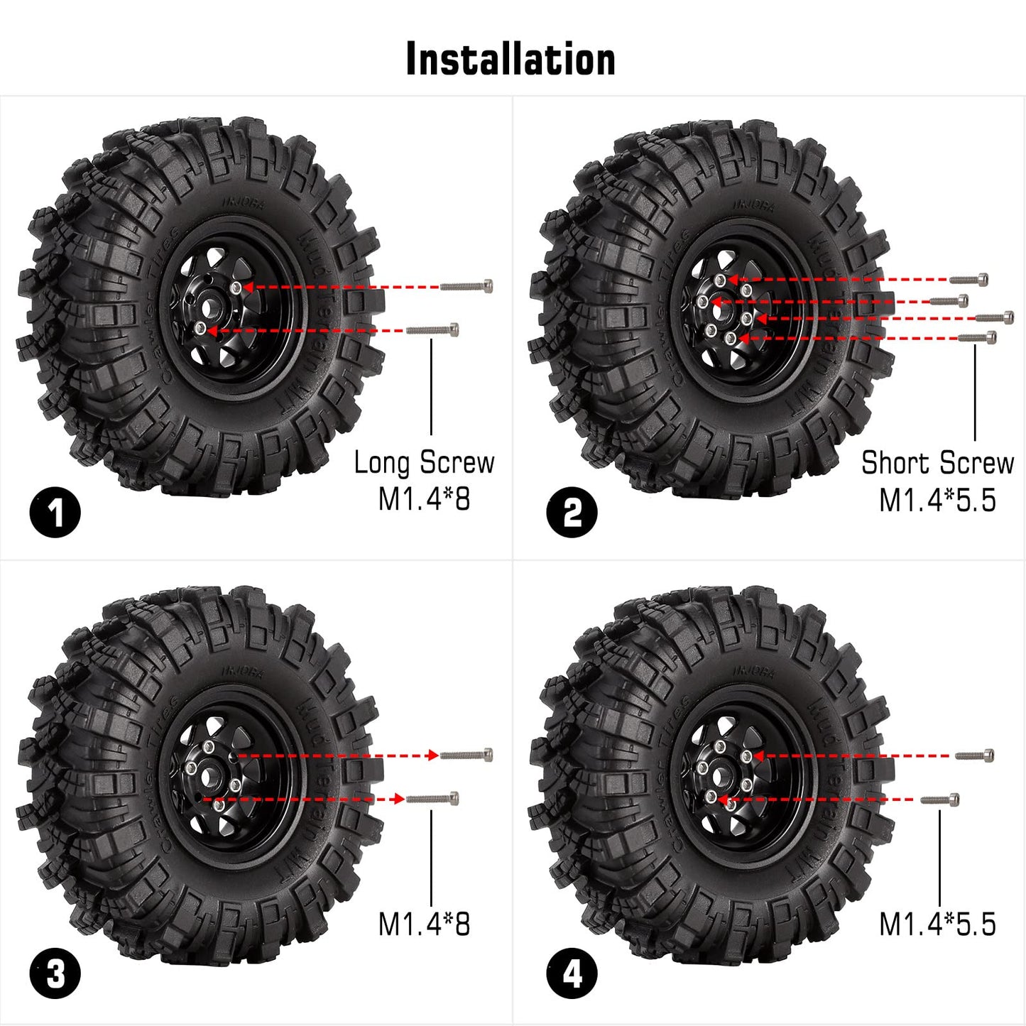 INJORA 1.0 Beadlock Wheel Mud Tires Set Deep Dish 1.0'' Wheels Tires for 1/18 TRX4M Axial AX24 SCX24 Gladiator Deadbolt Bronco C